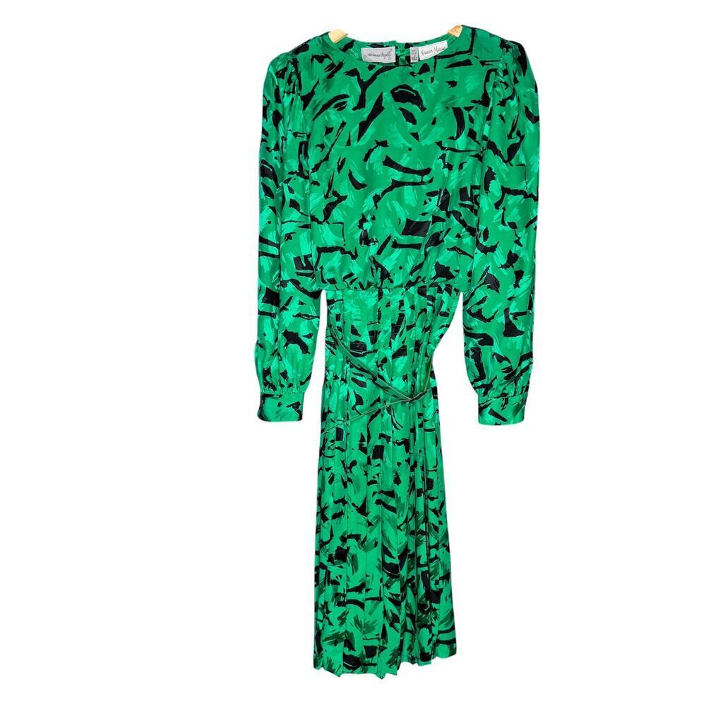 Adrianna Papell Neiman Marcus Silk Dress Womens 4 Green Vtg Pleated Back Button